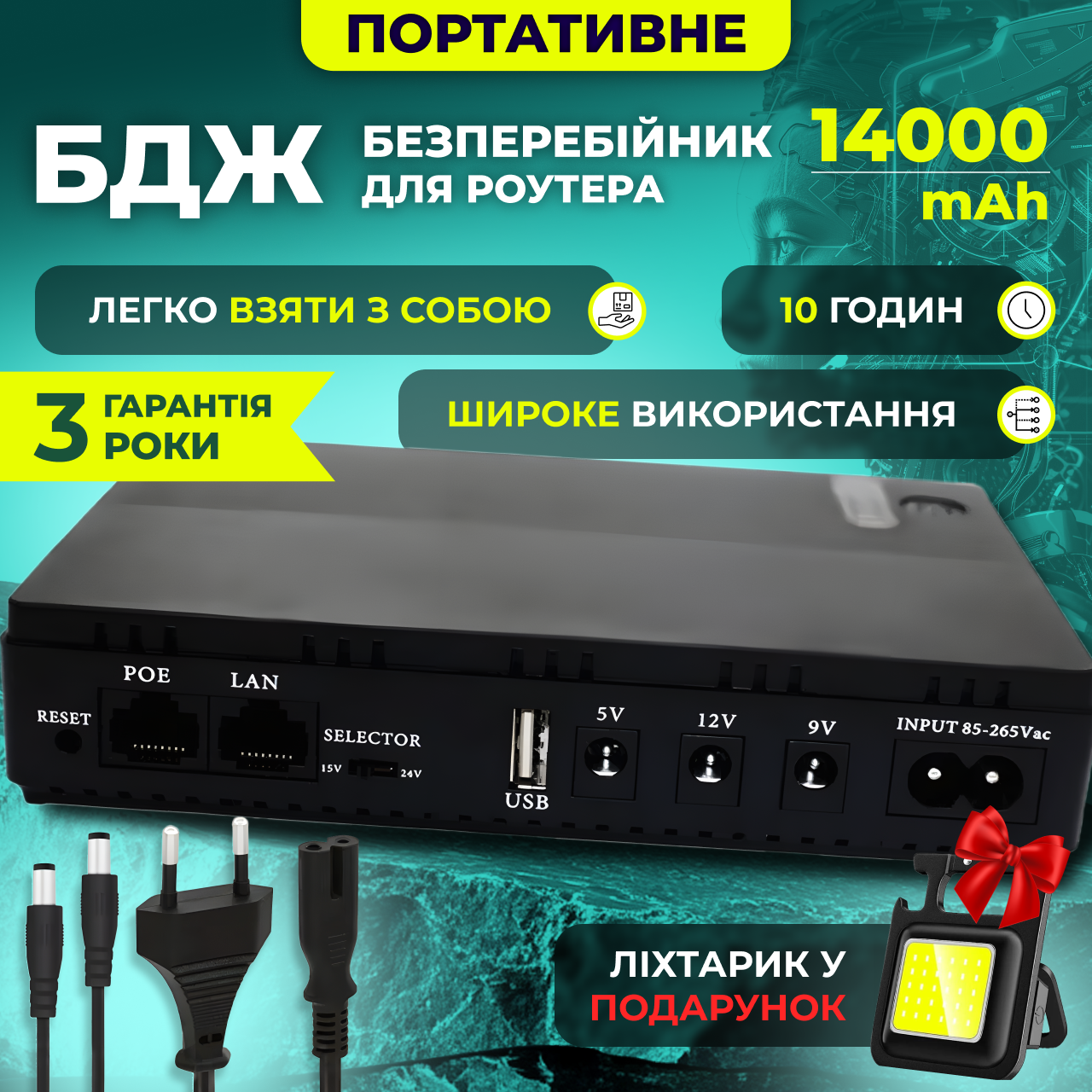 Повербанк для роутера безперебійник портативний 3 рівні напруги 14000mAh міні УПС ДБЖ + ліхтарик