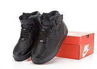 Зимові чоловічі кросівки Nike Air Force Black Чорні Взуття Найк Аір Форс високі натуральна шкіра з хутром повсякденні зима