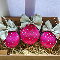 Набор новорічних куль ручної роботи малинового кольору  10 та 8 см