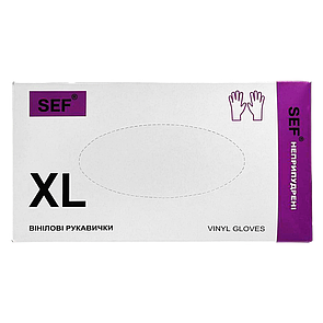 SEF Рукавички вінілові нестерильні неприпудрені гладкі прозорі,роз. XL (100шт/уп) 259104