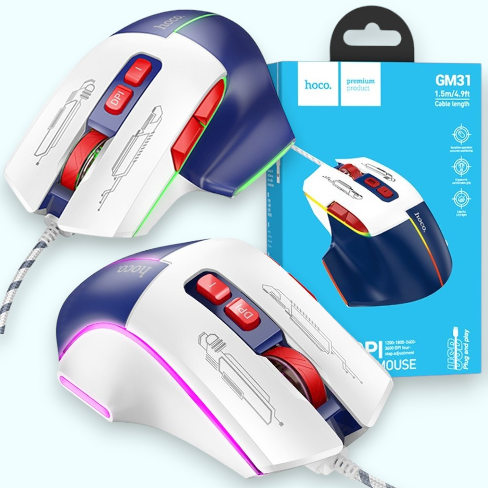 Ігрова миша Hoco GM31 з підсвіткою, Мишка ігрова дротова з підсвіткою, white blue