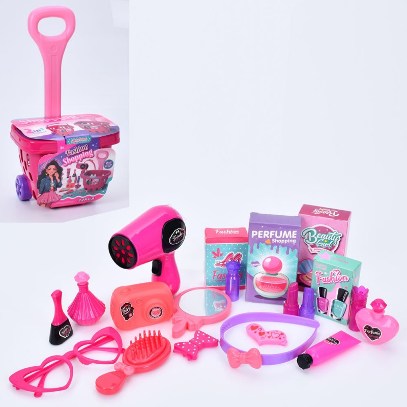 Набір перукаря MS-3321, набір аксесуарів, візок/кошик (супермаркет), фен, флакони, окуляри, обруч, фото 1