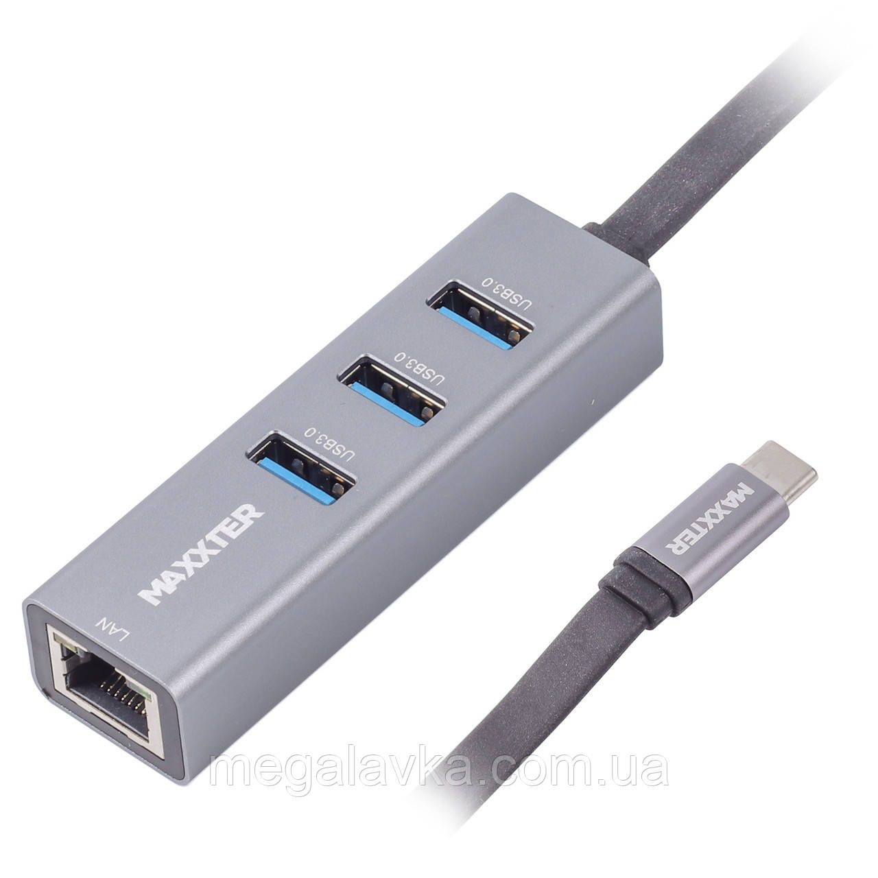 Адаптер з Type-C на Gigabit Ethernet, 3 Ports USB 3.0, 1000 Mbps Maxxter NECH-3P-02 - MegaLavka, фото 1