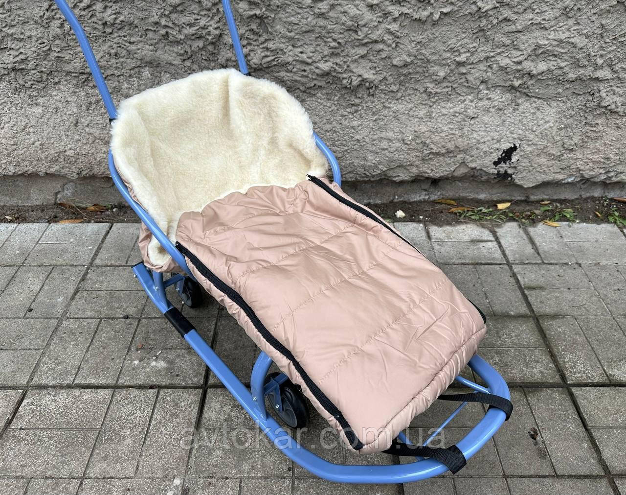 Конверт/чохол для санок, зі штучної овчини, на дві блискавки, із затяжками Бежевий ORG, фото 1