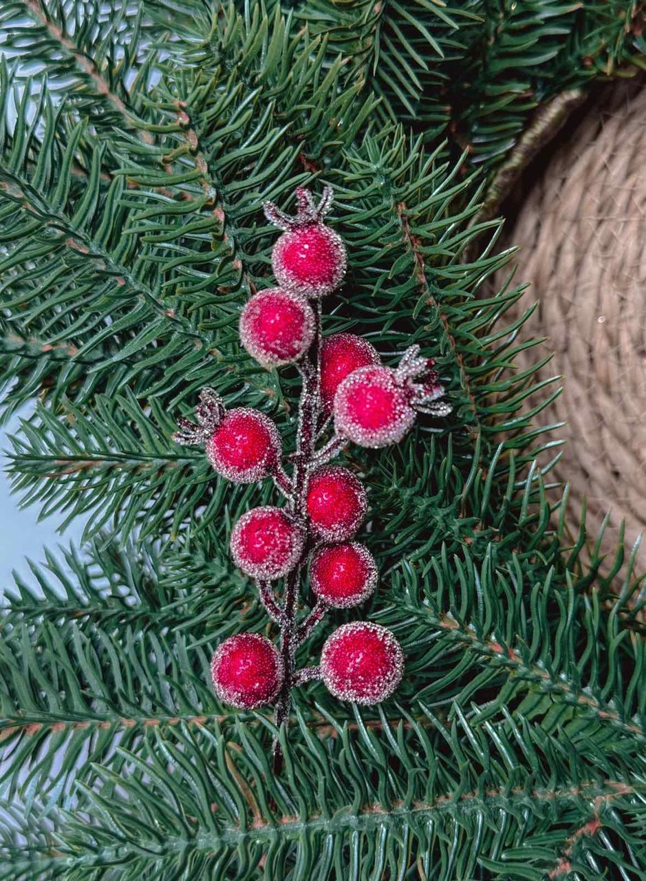 Декоративная Ветка Красные Ягоды Шиповник в сахаре диаметр 10 мм длина веточки 15 см, фото 1