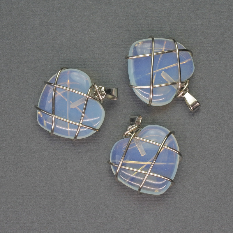 Кулон Серце Місячний камінь в сріблястому обплетенні d-21х21мм+- L-27мм+-, фото 1