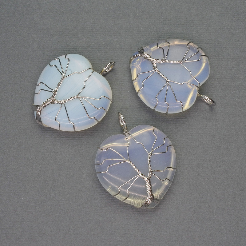 Кулон Серце Місячний камінь в сріблястому обплетенні d-30х30мм+- L-37мм+-, фото 1