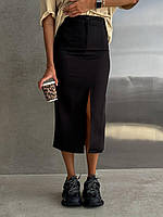 Женская стильная приталенная длинная юбка с разрезом по ножке на высокой посадке черный серый с
