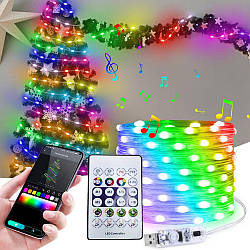Світлодіодна гірлянда нитка Роса від USB, 10м, з пультом і Bluetooth, RGB / Розумна RGB стрічка / Світлодіодна стрічка