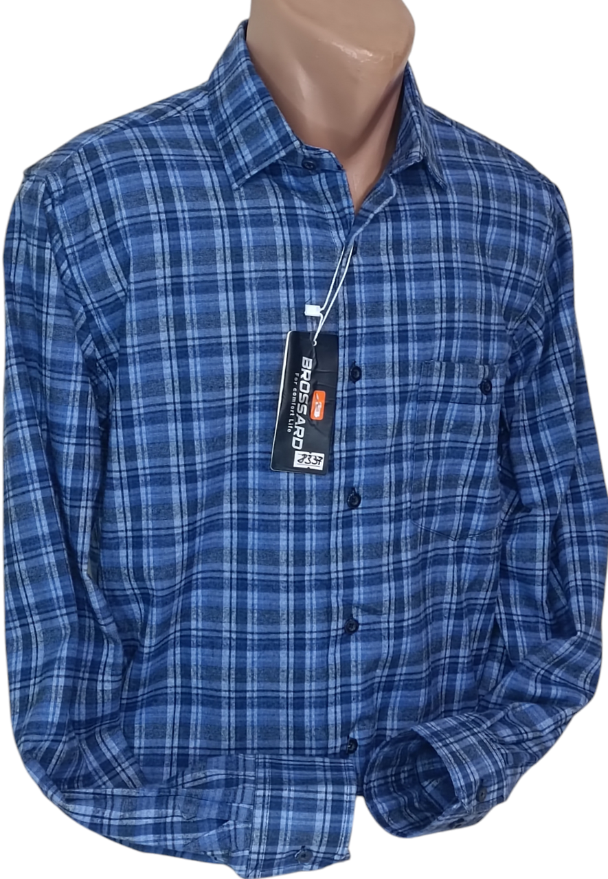 Чоловічі сорочки кашемір (Туреччина) Brossard vd-8337 класична синя картата, тепла чоловіча сорочка кашемір