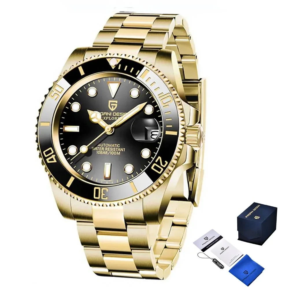 Чоловічий механічний годинник Pagani Design PD-1661 Submariner Gold-Black