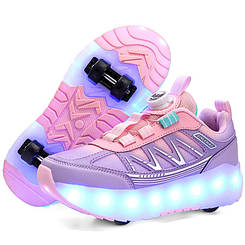 Роликові кросівки, що світяться Led Lumi Fusion Pink на 4 колесах, USB зарядка, рожево-бузковий (RKL-19)