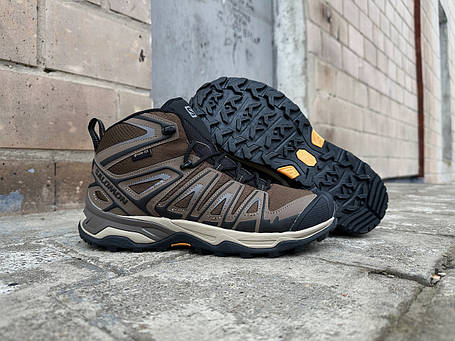 Чоловічі зимові кросівки з хутром Salomon X Ultra Pioneer Mid Gore-tex Brown коричневі водонепроникні, фото 1