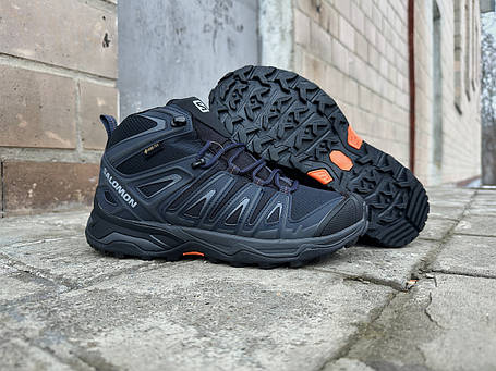 Чоловічі зимові кросівки з хутром Salomon X Ultra Pioneer Mid Gore-tex чорні з синім водонепроникні, фото 1