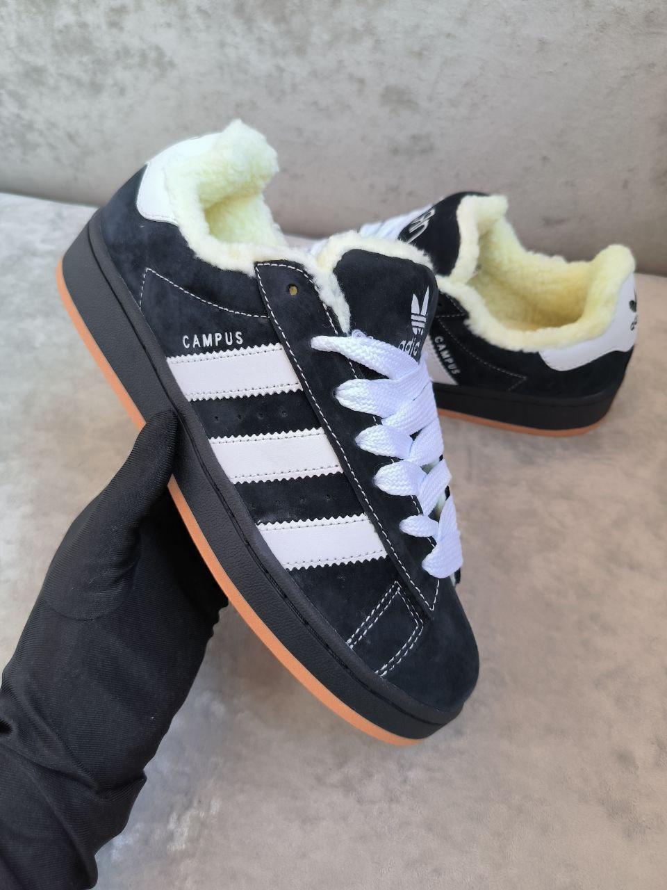 Жіночі зимові кросівки Adidas Campus (чорні з білим) спортивні повсякденні кроси 01214 Адідас vkross