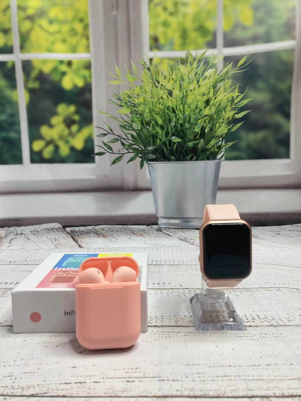 Бездротові сенсорні навушники inpods 12 + смарт годинник в подарунок Pink