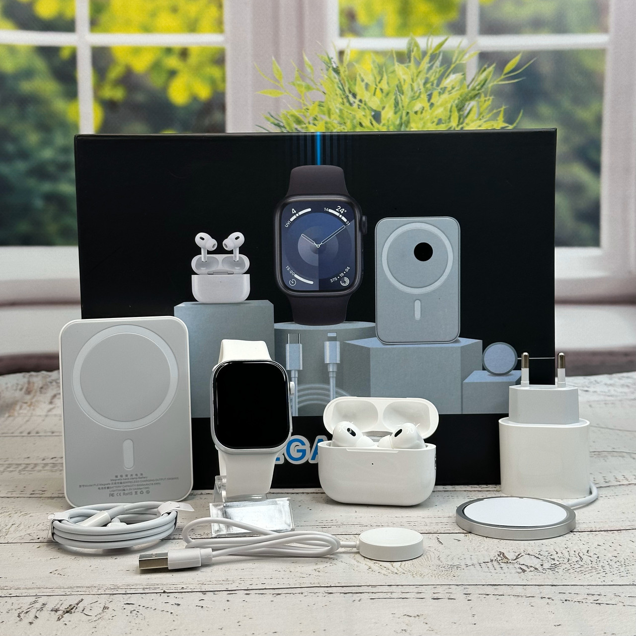 Комплект Megabox (6в1) SmartWatch 9 Навушники Air pro Вакуумні бездротовий Павербанк White