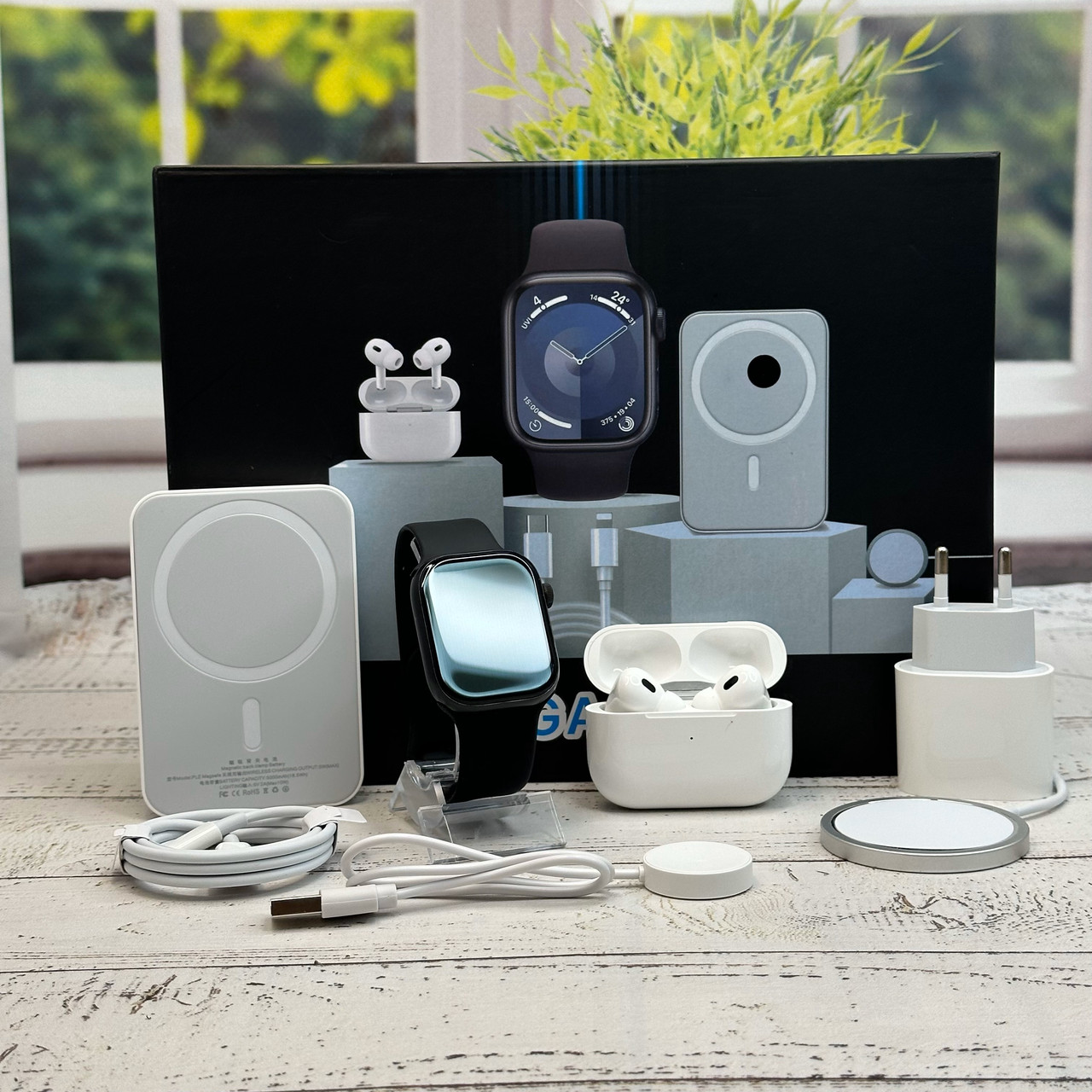 Комплект Megabox (6в1) SmartWatch 9 Навушники Air pro Вакуумные бездротовий Павербанк Black
