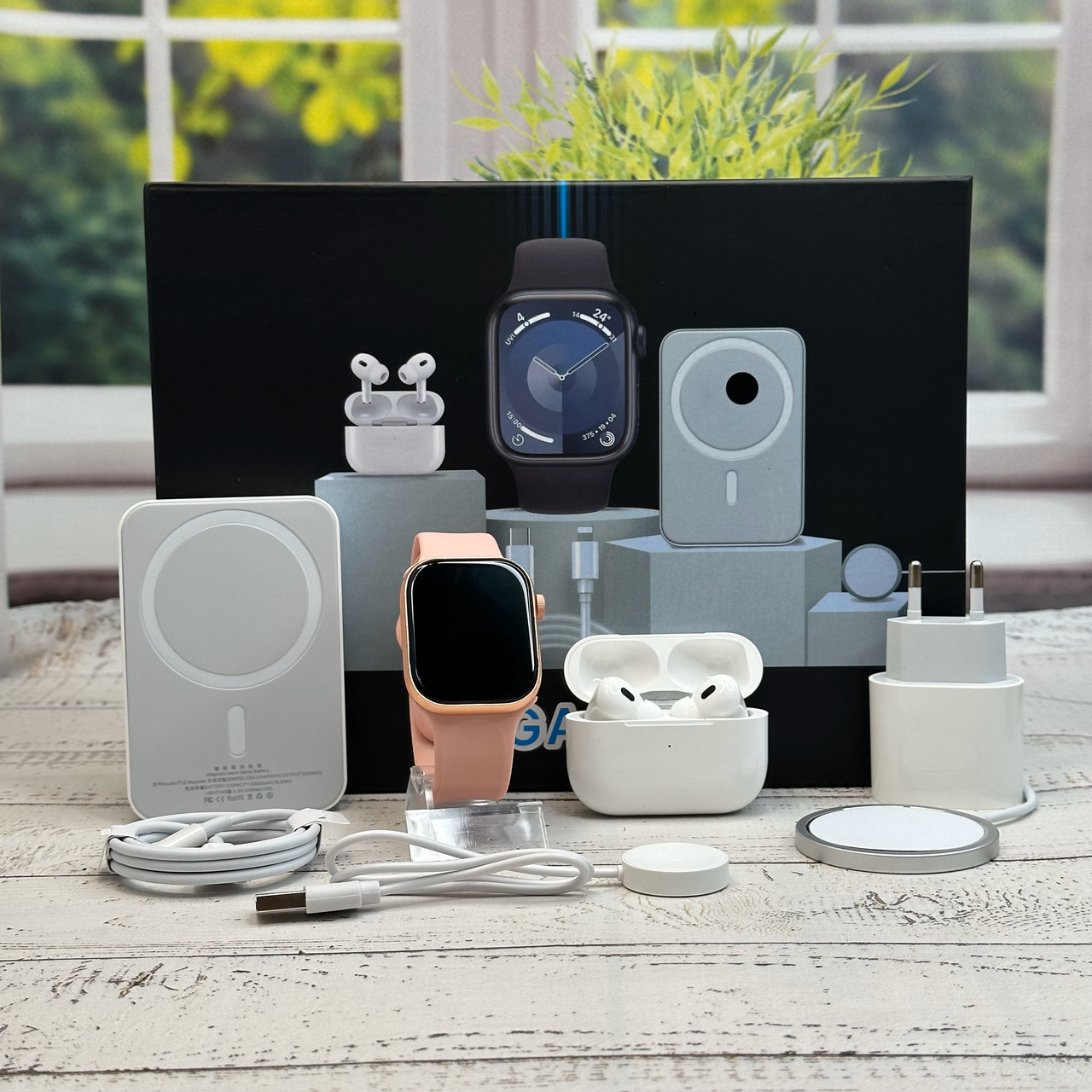 Комплект Megabox (6в1) SmartWatch 9 Навушники Air pro Вакуумні бездротовий Павербанк White