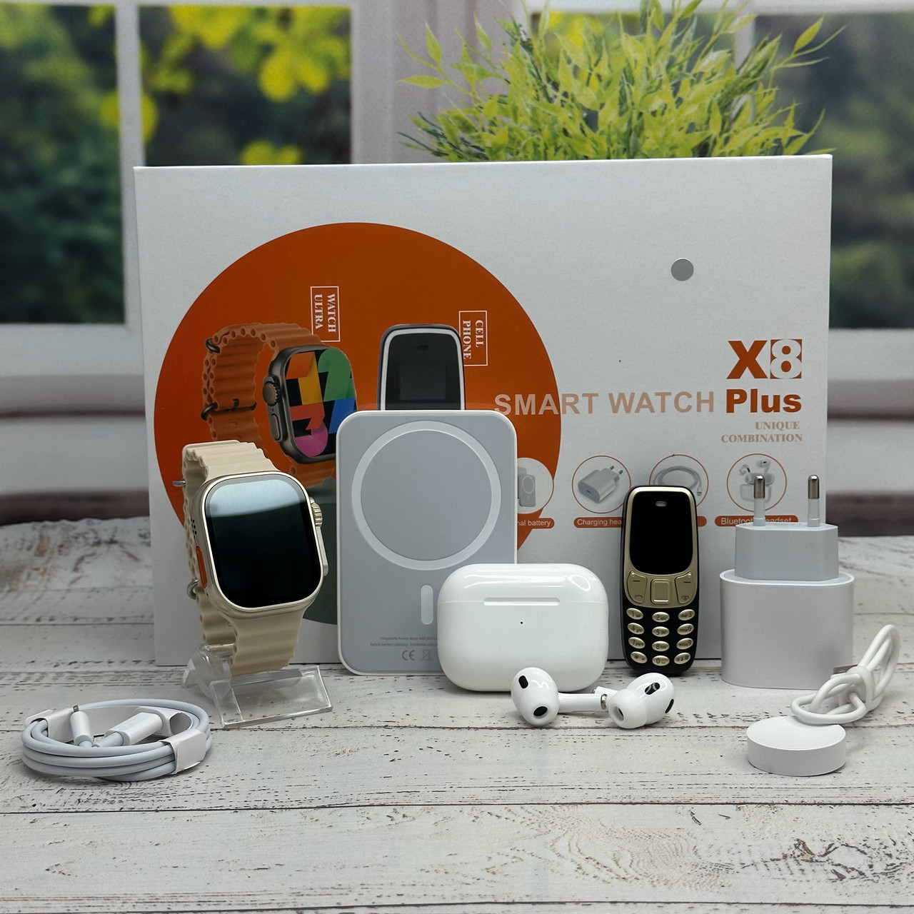 Комплект X8Plus Smart Watch Ultra 2 + Air pro + Павербанк + Телефон White