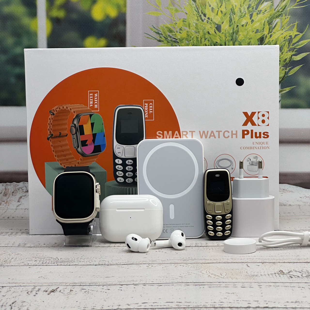 Комплект X8Plus Smart Watch Ultra 2 + Air pro + Павербанк + Телефон Black