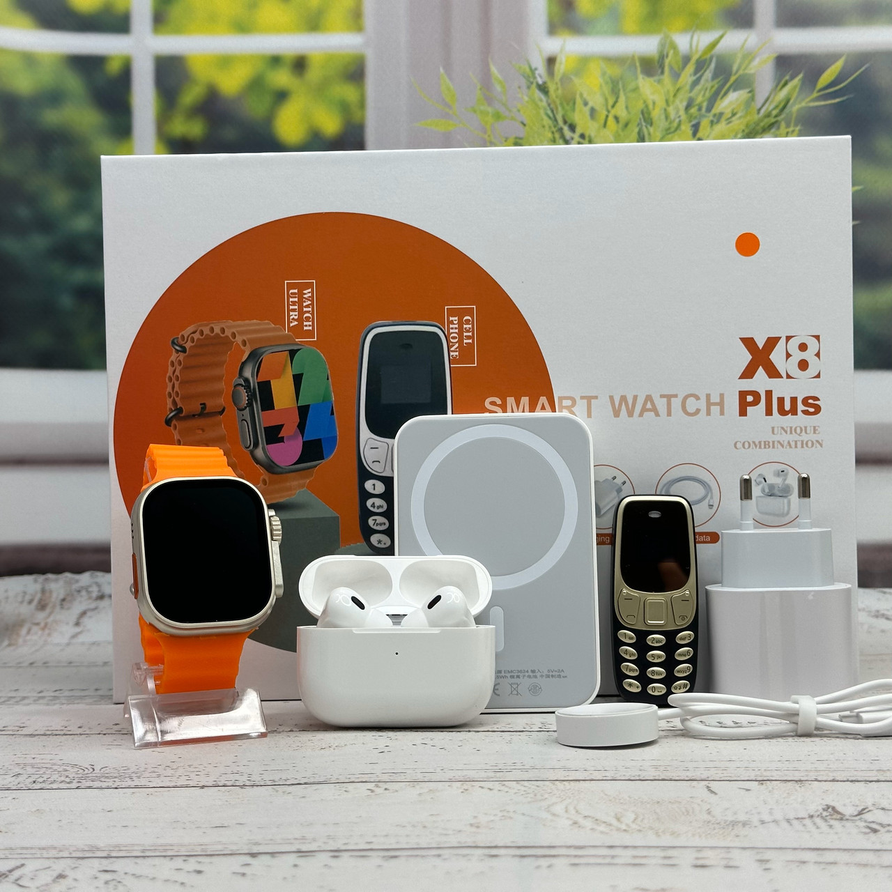 Комплект X8Plus Smart Watch Ultra 2 + Air pro + Павербанк + Телефон Orange