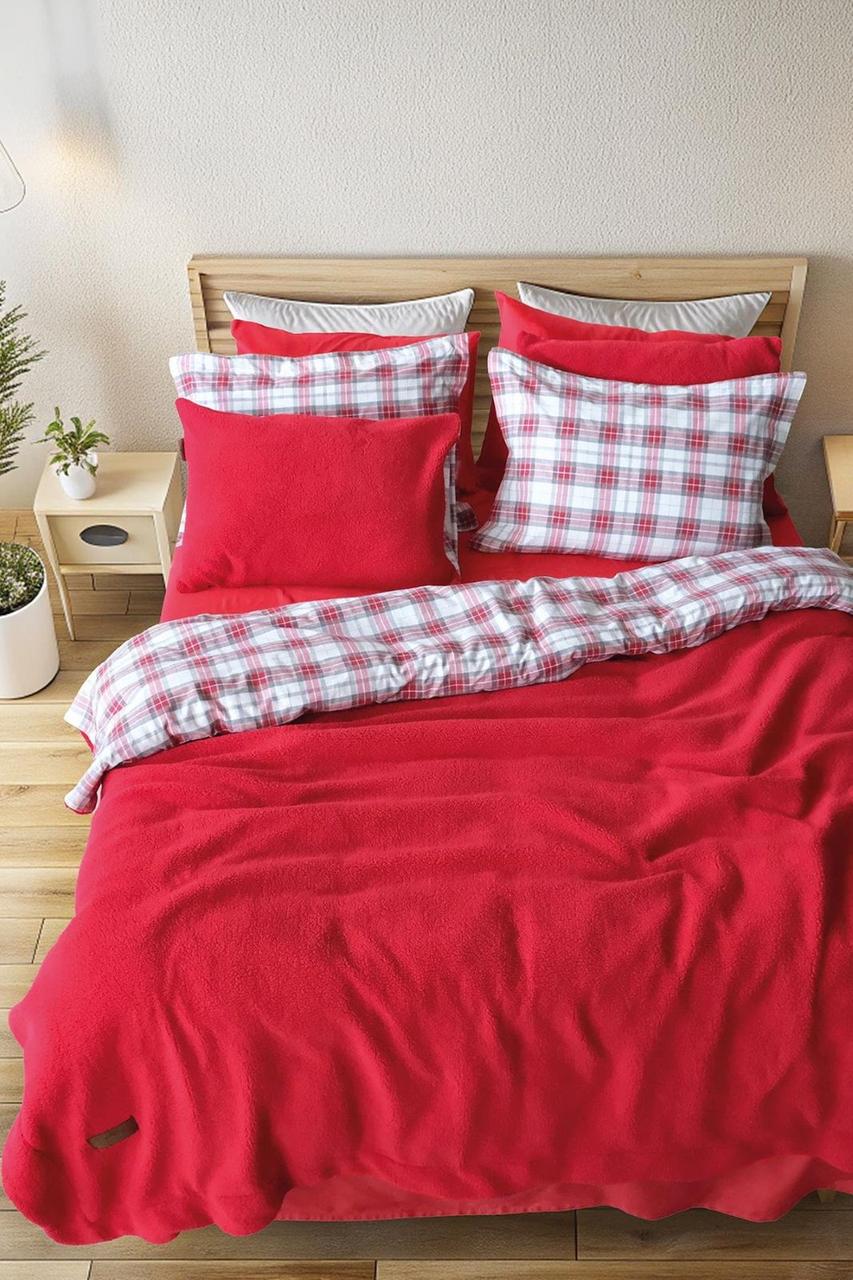 Зимова постільна білизна двостороння фланель - овчина Istanbul Home червоний полуторний, євро, фото 1