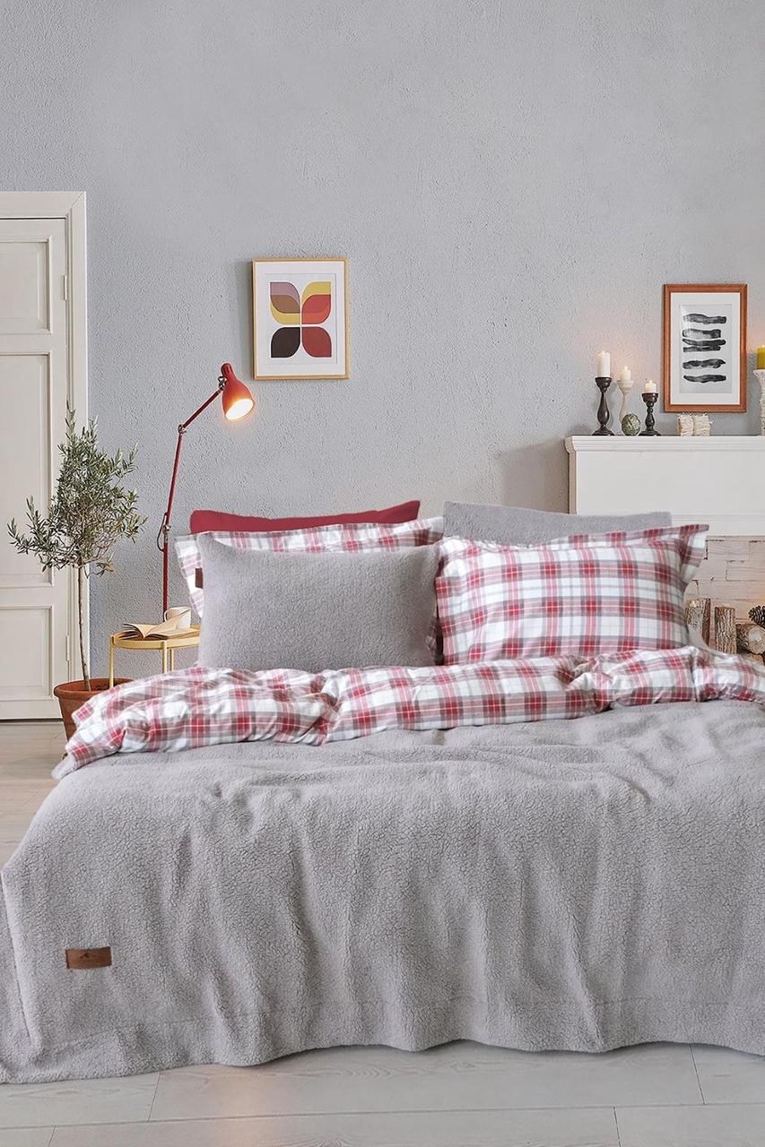 Зимова постільна білизна двостороння фланель - овчина Istanbul Home сірий червона клітинка полутрний, євро, фото 1