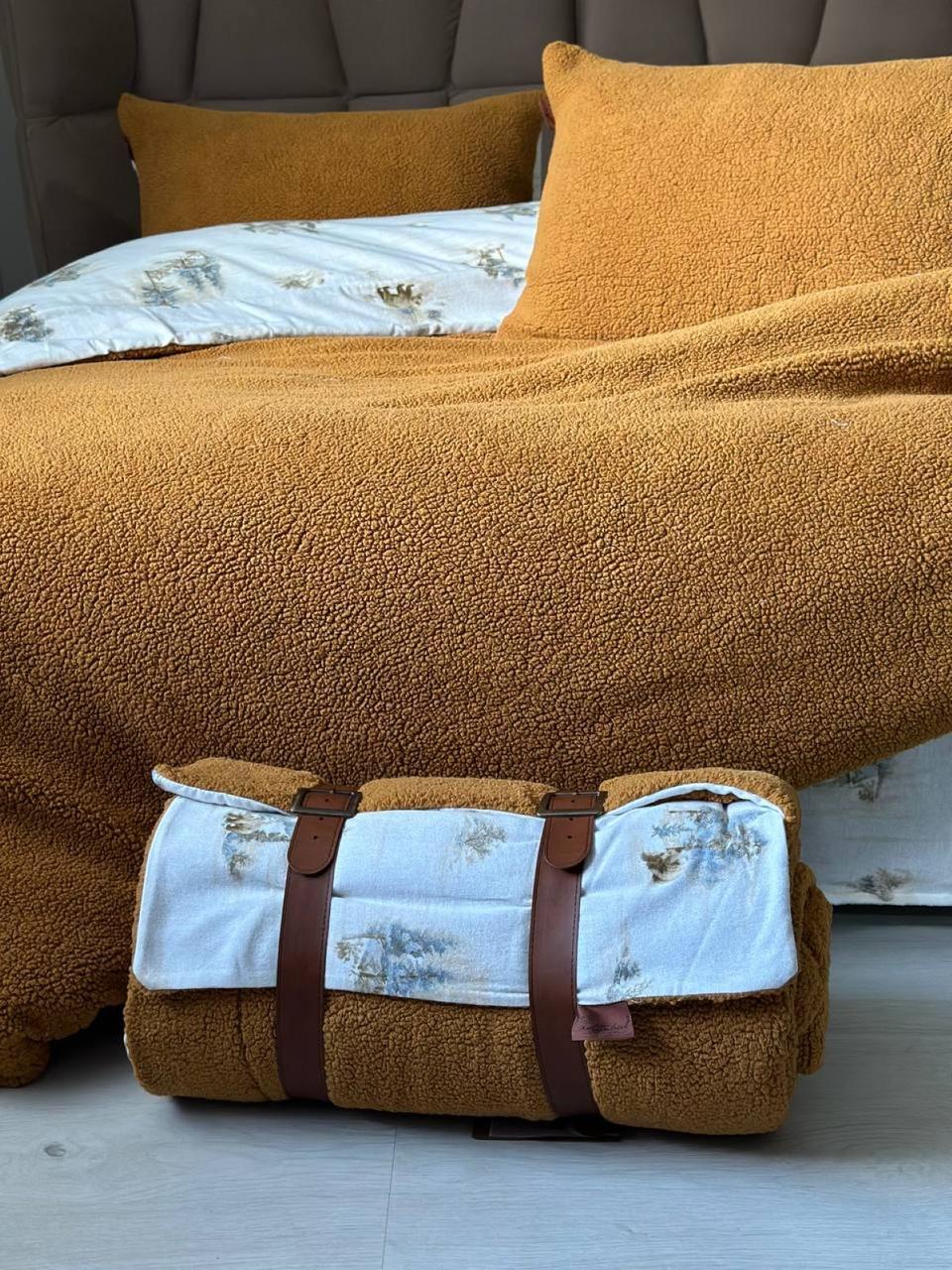 Зимова постільна білизна двостороння фланель - овчина Istanbul Home гірчичний полуторний, євро, фото 1