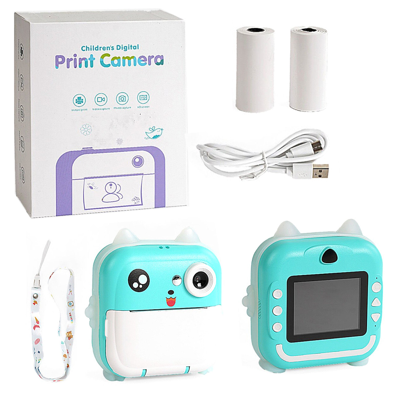 Дитячий фотоапарат-принтер блакитний кольоровий екран ігри відеозапис чорно-білий друк (C64270), фото 1
