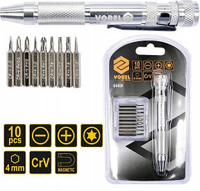 Викрутка реверсивна для точних робіт із насадками 9 шт VOREL 64400 (Польща)