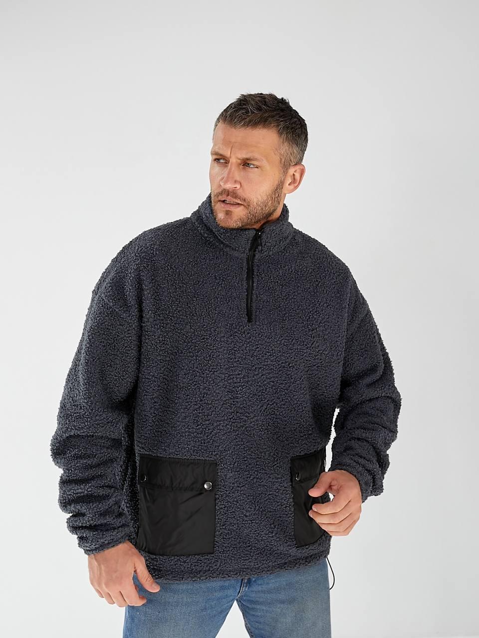 Чоловіча зимова кофта худі із хутра "баранчик" на флісі з коміром стійкою на блискавці та накладними кишенями, фото 1