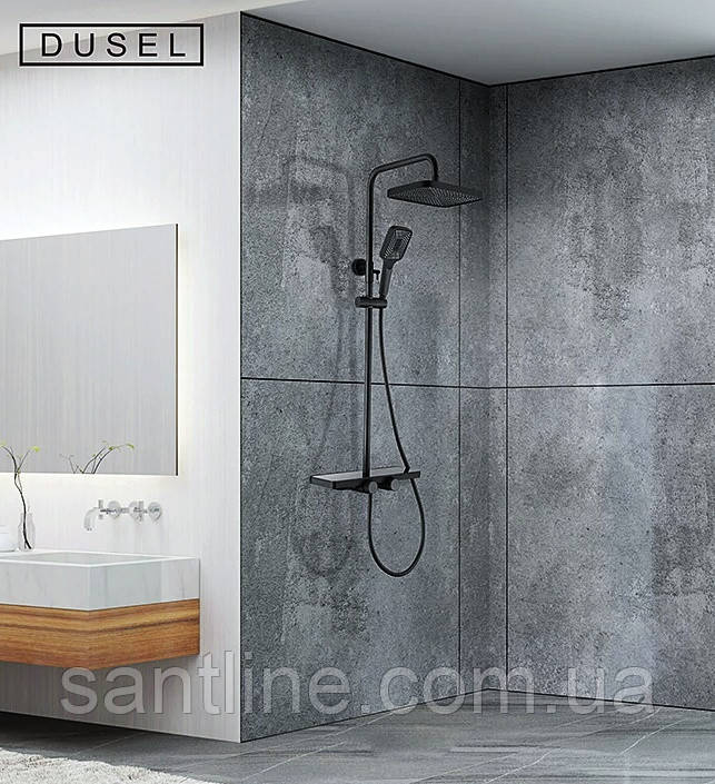 Душова система із змішувачем термостатом та виливом DUSEL BRONX Thermostatic Black душова стійка з поличкою, фото 1