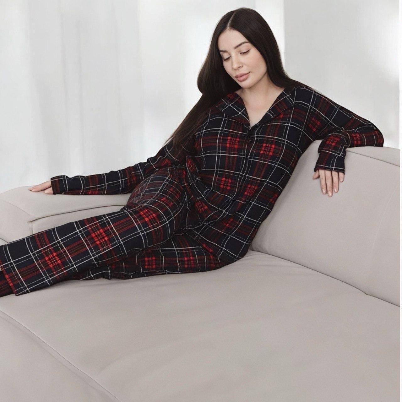 Піжама жіноча тепла мікробайкова на ґудзиках зі штанами в карту Pijamoni Туреччина