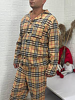 Стильна чоловіча бавовняна піжама на байці у клітинку