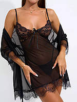 Вишуканий, сексуальний короткий пеньюар з халатом і трусиками в комплекті Feeling, Жіночий ажурний пеньюар в чорному кольорі