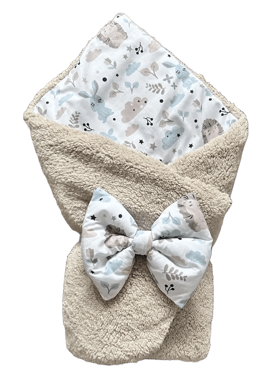 Зимовий стильний конверт - плед «Тедді Тваринки» для малюка з бантиком 100х80 см BST Бежевий з принтом, фото 1