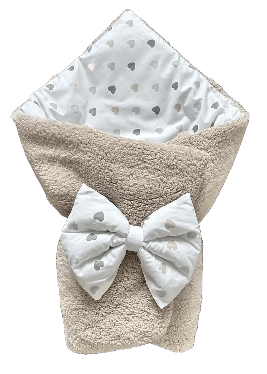 Зимовий стильний конверт - плед «Тедді Сердечка» для малюка з бантиком 100х80 см BST Бежевий з принтом, фото 1