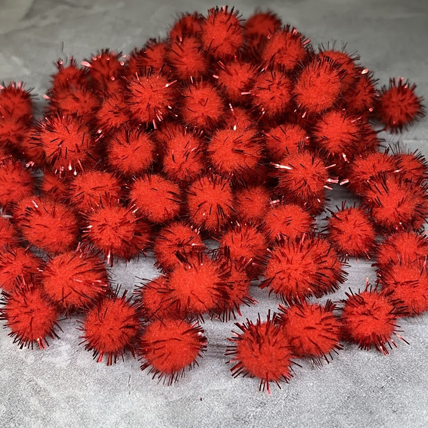 Помпони з люрексом ниткою 1,5 см, колір червоний, упаковка 50 шт, Червоний, фото 1