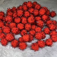 Помпони з люрексом ниткою 1,5 см, колір червоний, упаковка 50 шт, Червоний