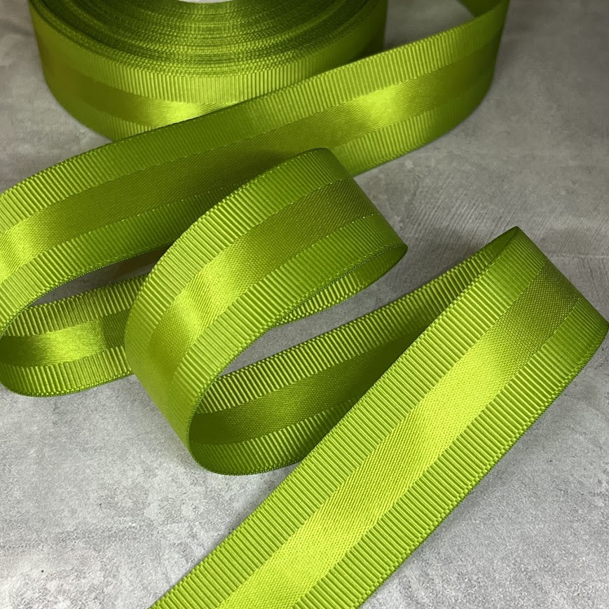 Репсова стрічка з атласною смугою 2,5 см, колір- оливковий, метр, оливковий, фото 1