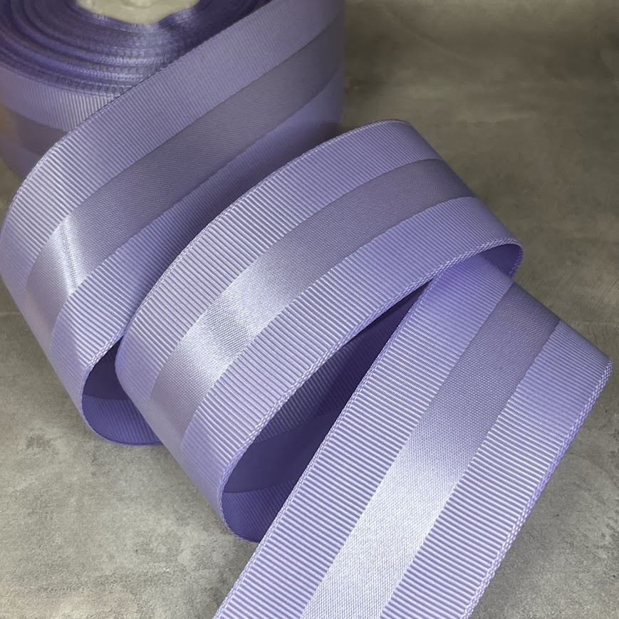 Репсова стрічка з атласною смугою 4 см, колір- бузковий, метр, Бузковий, фото 1