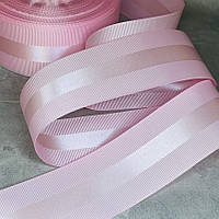 Репсова стрічка з атласною смугою 4 см, колір- рожевий, метр, Рожевий