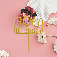 Топпер пластиковий Людина павук спайдермен дитячий із дзеркальним написом Happy birthday золото