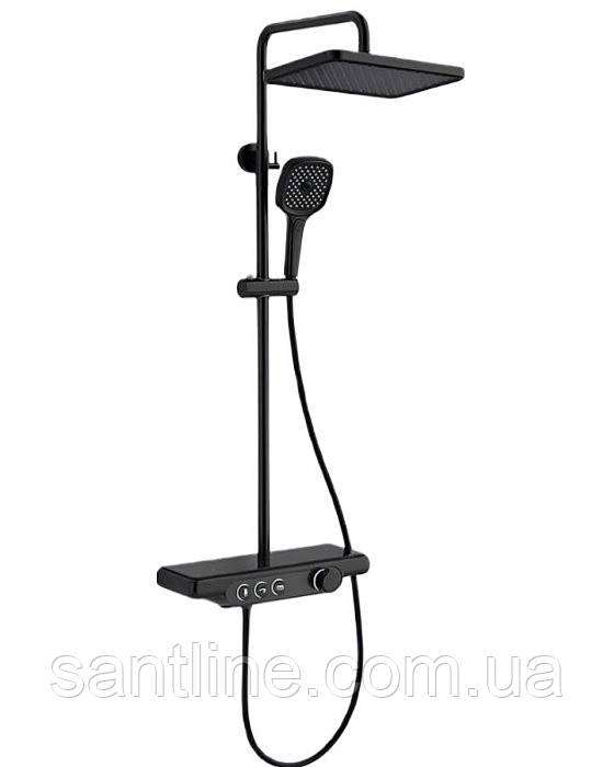 Душова система із змішувачем та виливом DUSEL POUR Black чорна душова стійка з поличкою, фото 1