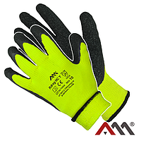 Утеплені рукавиці робочі "ArtMas" трикотажні покриті рифленим латексом, жовто-чорного кольору, розмір  9