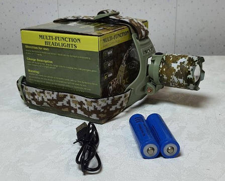 Потужний яскравий налобний ліхтар PL-151 LED на двох акумуляторах із пиксельним принтом, фото 1