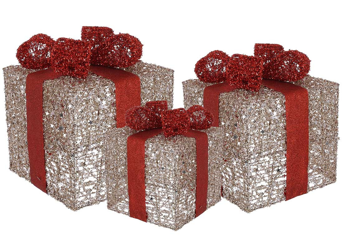 Набір декоративних подарунків (3 шт.) з підсвіткою, 15 см, 20 см, 25 см, золото з червоним (NY12-508)