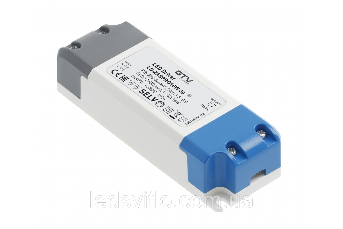 Блок живлення для LED стрічки GTV PRO DC12V 1.33A 16W IP20