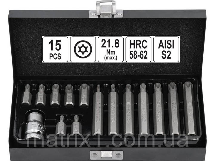 Набір біт TORX-T, L = 30, 75 мм, адаптер 1/2», металевий кейс. 15 шт YATO YT-0417 (Польща)